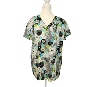 Stretch Scrub Top Small Multi Print Short Sleeve Good